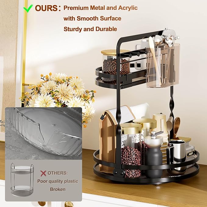 Rotating Makeup Organizer, Black Perfume Organizer for Dresser, Spinning Bathroom Countertop Organizer, 2 Tier Lazy Susan Vanity Tray Skincare Storage Cosmetic Display Case with Brush Holder