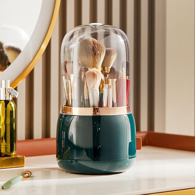 Makeup Brush Holder, Makeup Brush Organizer Makeup Brush Holder Organizer with Lid 360?? Rotating Makeup Storage for Home (Dark Green)