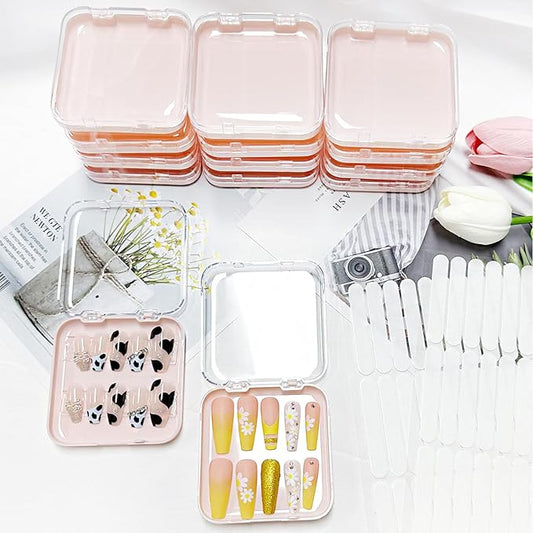 12pcs Press on Nail Storage Box with 60 Pcs Adhesive Tape Acrylic Nail Display Box Artificial False Nail Box Organizer Fake Nail Case Transparent Nail Packaging Boxes (12pcs Pink Nail Box)