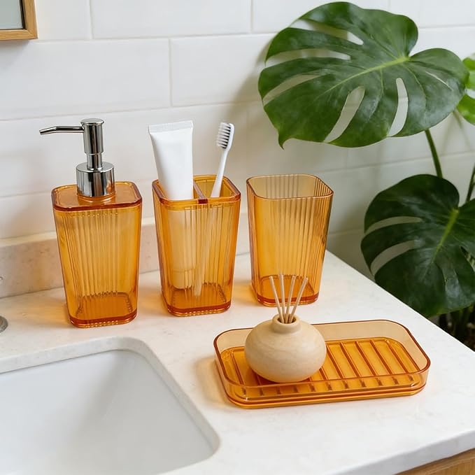 4 Pcs Bathroom Accessory Set Plastic Bathroom Organizer Kit with 13.5oz Soap Dispenser Toothbrush Holder Tumbler Vanity Tray Complete Countertop Bathroom Decor Set(Orange)