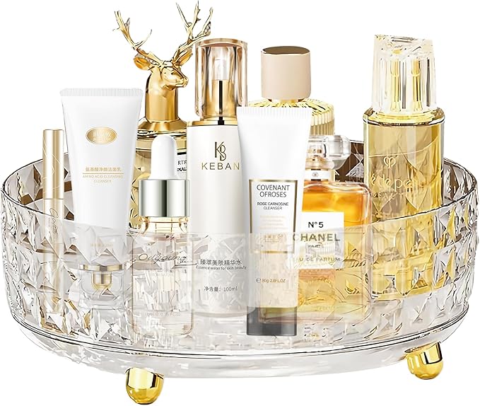 360 Rotating Makeup Organizer for Vanity, Diamond Pattern Skincare Organizer Perfume Lazy Susan Organizer Bathroom Makeup Countertop Spinning Holder, Cosmetic Storage Display Cases (Clear)