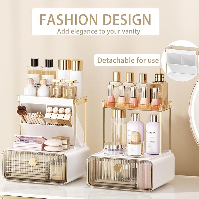 Makeup Organizer with Drawer for Vanity, 2 Tier 5 Zones Cosmetic Display Case Detachable, Cosmetic Storage Perfume Shelf for Bathroom Counter, Perfect Storage Solution for Your Beauty Essential(Amber)