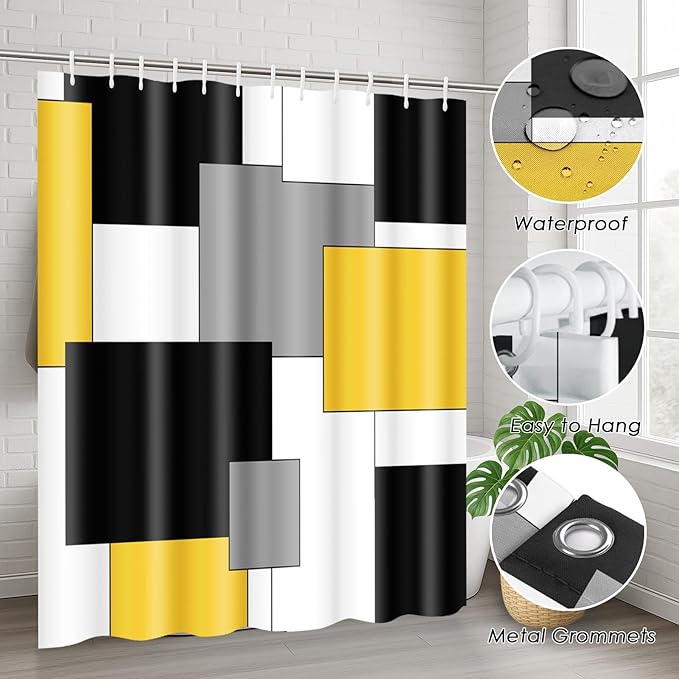 Yellow Geometric Shower Curtain Set with Toilet Lid Cover and Non-Slip Rugs for Bathroom, Black White Grey Checkered 4 Pcs Shower Curtain, Modern Abstract Bathroom Set with 12 Hooks