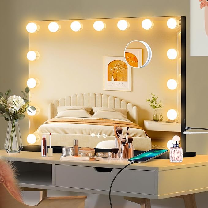 Moonee Black Vanity Mirror with Lights, Hollywood Lighted Makeup Mirror with 15 Dimmable Bulbs and 10X Magnification, 3 Colors Modes, Aluminum Metal Frame, Light Up Mirror for Tabletop/Wall（23" x 18"）