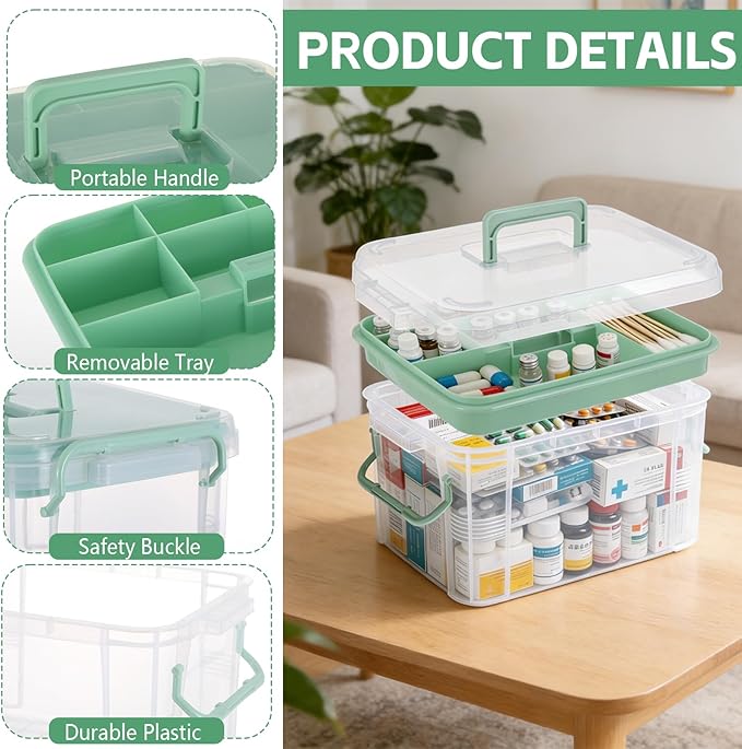 2 Pack Clear Medicine Organizer Box with Handle Thickened Plastic Medicine Cabinet with Tray First Aid Box Empty Multipurpose Medical Container Medication Caddy for Home Travel Dorm