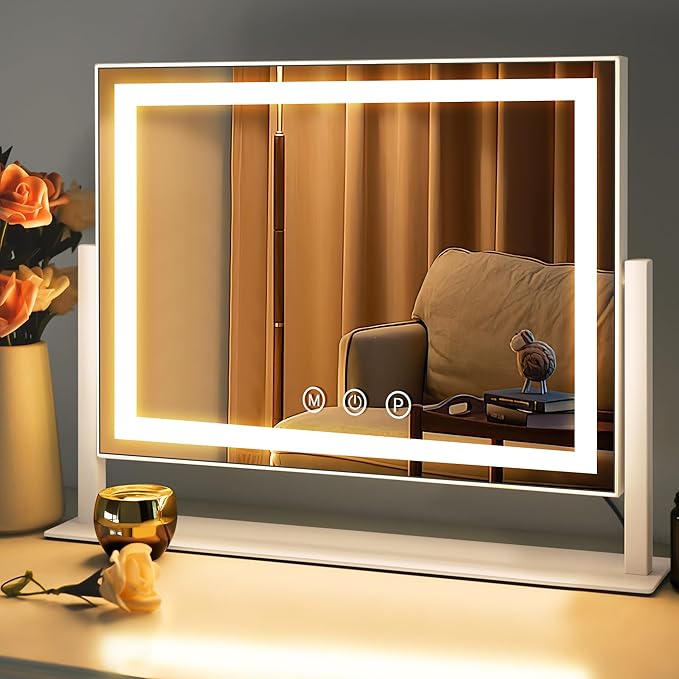 Vanity Mirror with Lights, LED Makeup Mirror, Light Up Vanity Mirror with 3 Colors Dimmable Strip Light, Dimming Touch Sensor, Detachable 15X Spot Magnifying, 360 Rotation (White)