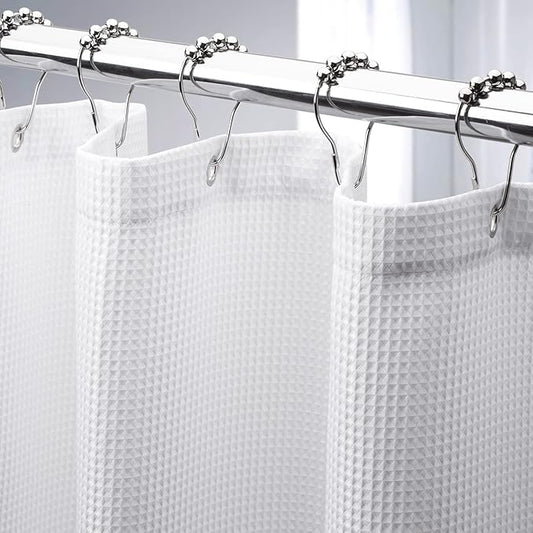AmazerBath White Shower Curtain 80 Inches Long, Waffle Shower Curtain 72x80 Inches, Long Shower Curtain Fabric, Heavy Duty 240GSM, Hotel Quality, Bathroom Curtain, Premium Polyester