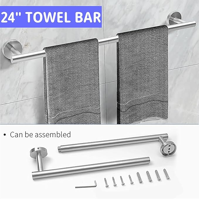 24 Inch Towel Bar, Towel Racks for Bathroom, SUS304 Stainless Steel Towel Bar for Bathroom Wall, Sturdy Towel Holder Bathroom Accessories (Silver)