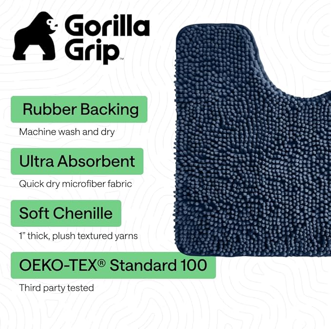 GORILLA GRIP Plush Absorbent Shaggy Chenille Bath Rug Mat for Oval Toilet Base with Rubber Backing, Machine Washable Rugs, Soft Microfiber Contour Mats for Toilets, Bathroom Decor, Navy Blu