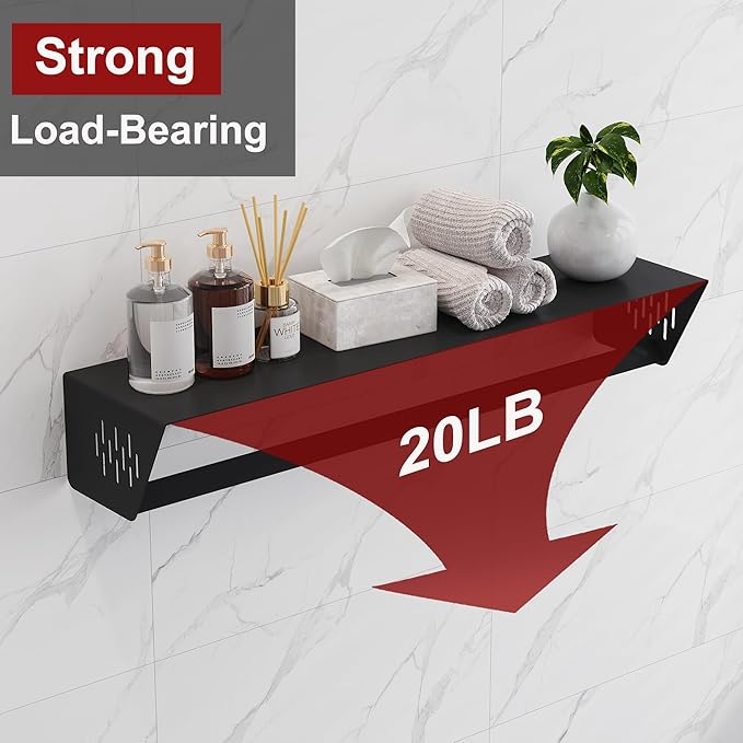 Qeke Bathroom Lavatory Towel Rack, Wall Mount Towel Holder Towel Hanger Shelf with Towel Bar, SUS 304 Stainless Steel Towel Rack for Bathroom and Lavatory, Matte Black, 24 Inch