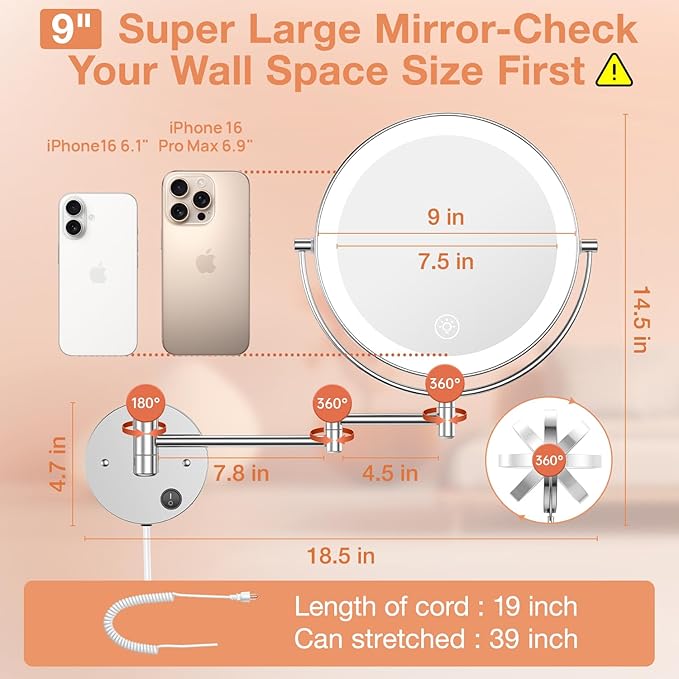 Benbilry 9" Large Wall Mounted Lighted Makeup Mirror, 1X/10X Magnifying 2-Sided AC Plug-in Powered Bathroom Mirror with 3 Color Lights, Touch Dimmable, Extended Arm 360° Rotation, 【Silver】
