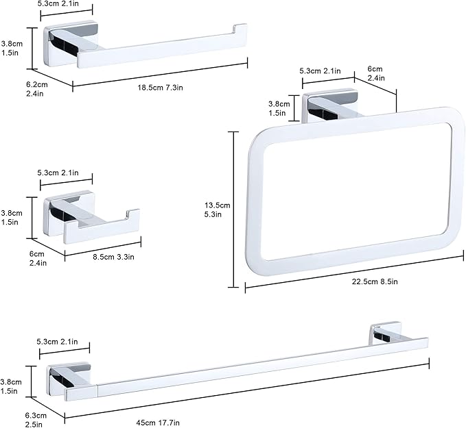 GERUIKE 4 Piece Bathroom Hardware Accessories Set,Chrome Stainless Steel Towel Bar Sets Wall Mounted - Includes 18" Towel Bar, Square Towel Ring, Toilet Paper Holder, Robe Towel Hook