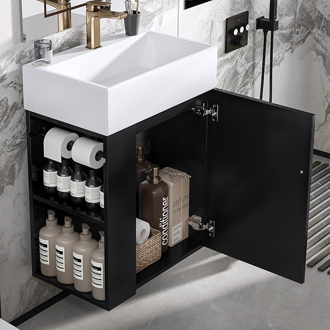 Virubi 20" Floating Bathroom Vanity with Sink, Soft Closing Door,and Storage Shelves, Solid Wood Frame & MDF Modern Single Small Bathroom Vanity Cabinet with Open Shelf,Wall Mounted Black