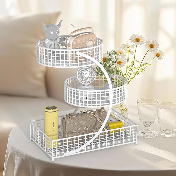 3-Tier Metal Cosmetic Organizer,Cosmetic Storage Rack for Vanity Tables,Multipurpose Metal Bathroom Organizers and Storage, Home and Office use Countertop Organizer (Round-White)