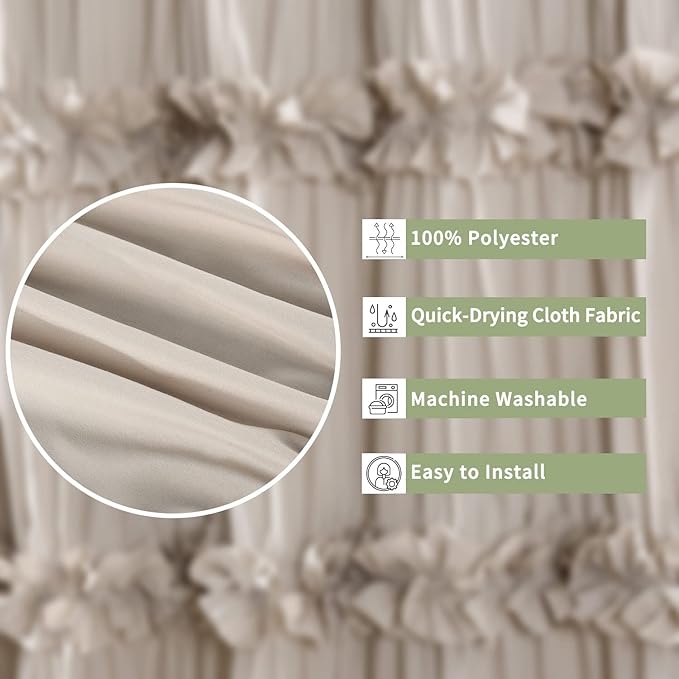 Camel Ruffle Shower Curtain, Vintage Handcrafted Bow Tie Bath Curtain for Master Bathroom, Ruched Microfiber Bathroom Curtain with 12 Buttonholes, 72" W x 84" H (LQ-10)