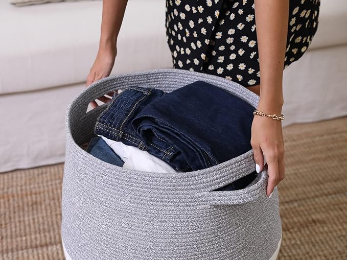 26"x20" Handcrafted Tall Cotton Rope Basket with Lid, Stylish Flagon Shape with Cover, Clothes Hamper with Top, for Bedroom and Living Room, Dual Grey