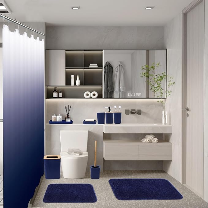 XLHOMO Bathroom Accessory Set–Bathroom Sets with Shower Curtain and Rugs, No Slip Bathroom Rugs Super Absorbent, Blue Ombre Water-Proof Shower Curtain with Hooks, Blue Bathroom Sets Complete for Home