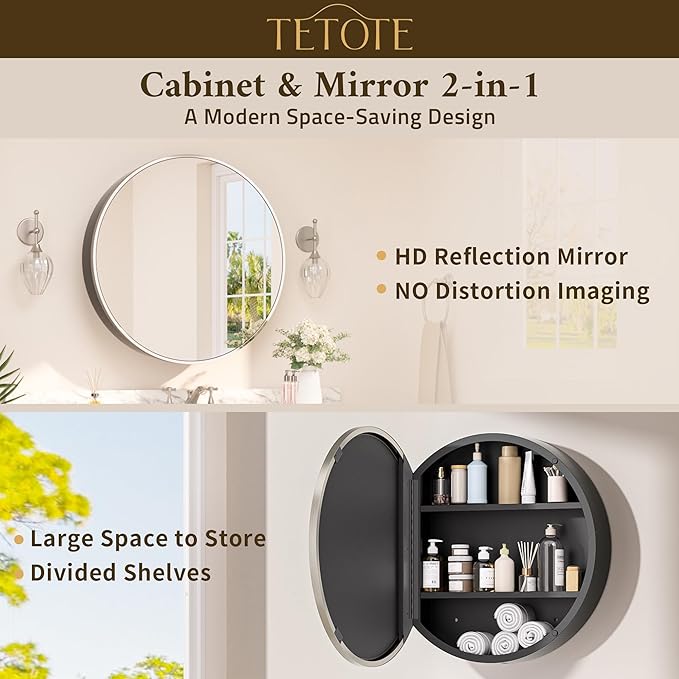 TETOTE Bathroom Mirror Cabinet 28 x 28 Brushed Nickel Round Bathroom Medicine Cabinet with Mirror Adjustable Shelves Farmhouse Wall Mirror with Storage Surface Mounted