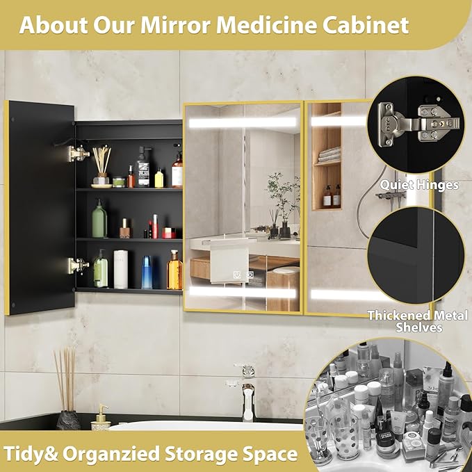 ROOMTEC Lighted Medicine Cabinet with Mirror, Bathroom Mirror Cabinet with Lights and Storage, 3 Doors Bathroom Wall Cabinet with LED Lights,Gold, 48"x32"