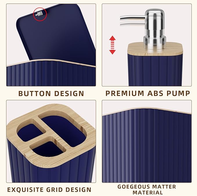 XLHOMO Bathroom Accessories Set - Elegant Blue Bathroom Set, 10PC Bathroom Accessory Set, Toilet Brush, Trash Can, Qtip Holder Dispenser & Soap Dispenser