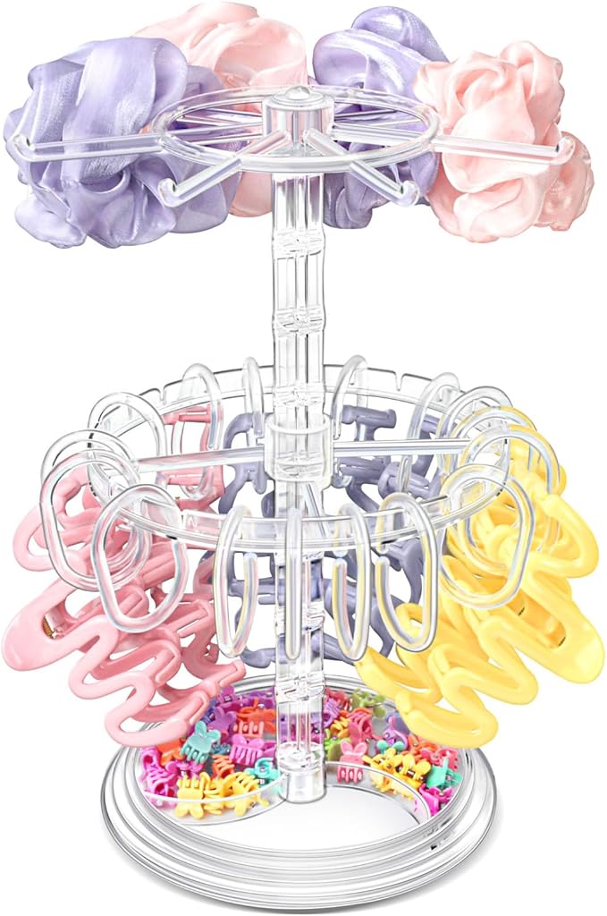 Claw Clip Organizer and Scrunchies Holder Stand, Acrylic Claw Clip Holder Organizer for Women and Girls, Double-Layer, 360-Degree Rotating