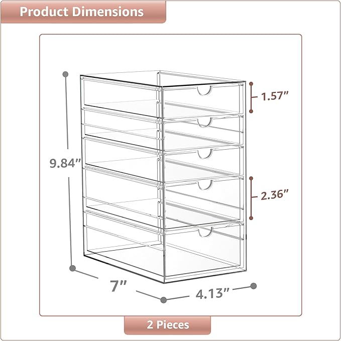 Sorbus Makeup Organizer With 10 Drawers, Acrylic Drawer Organizer for Makeup, Office Organization and Storage, Art Supplies, Jewelry, Stationary - 2 Pcs Clear Stackable Storage Bins Organizer Drawers