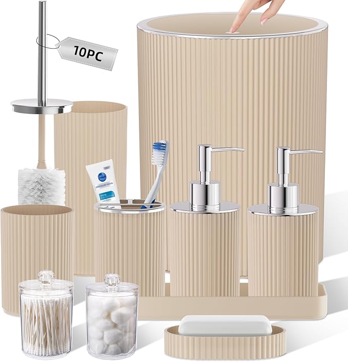 Beige Bathroom Accessories Set, 10PC Bathroom Set, Bath Accessory with Pop Up Trash Can, Soap Dispenser, Toilet Brush, Toothbrush Set Qtip Holders & Tray