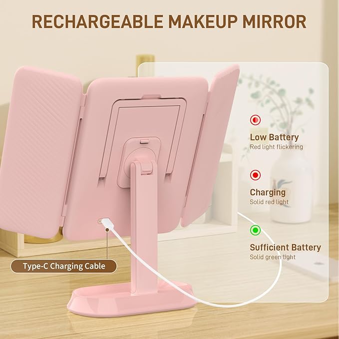 FRANO Rechargeable Trifold Makeup Mirror with Lights, 1X/3X/5X Magnification, Cordless 3-Color LED Vanity Mirror for Travel & Desk, Up to 20H Use, Ideal Gift for Women & Teens - Pink