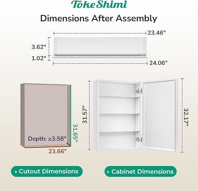 TokeShimi 24 x 32 White Recessed Medicine Cabinet with Mirror, Assembly Required, Bathroom Medicine Cabinet with Mirror, Stepless Adjustable Shelves, Beveled Aluminum Frame, DTC Hinge