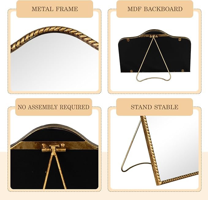 Vintage Desk Makeup Mirror, 7.8" L x 11.9" W Antique Gold Vanity Table Mirror, Metal Framed Scalloped Small Standing Mirrors with Beaded, 360 Adjustable Rotation for Tabletop, Bedroom