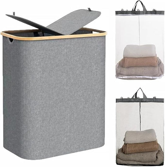 150L Laundry Basket with Lid, Large 2 Compartments Laundry Hamper with Handles & laundry bag Removable in Laundry Room, College Dorm, Bathroom, Bedroom (grey)