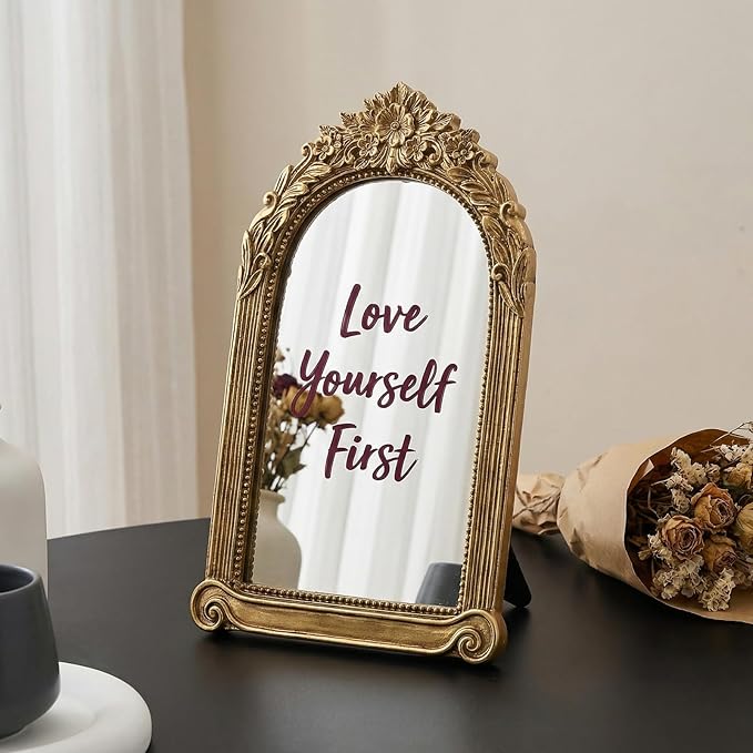 Small Gold Vintage Mirror for Desktop, 10" x 7" Antique Tabletop Vanity Mirror with Stand, Ornate Embossed Decorative Makeup Mirror for Dresser, Bedroom Aesthetic Room Decor