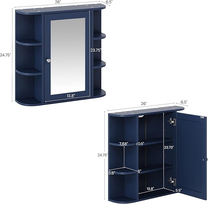 Merax Bathroom Wall Storage Cabinet with Mirror, 26 Inch Medicine Cabinet with Mirror Doors & Adjustable Wood Shelf, Space-Saving Modern Mounted Storage Cabinets with 6 Open Shelves, Blue