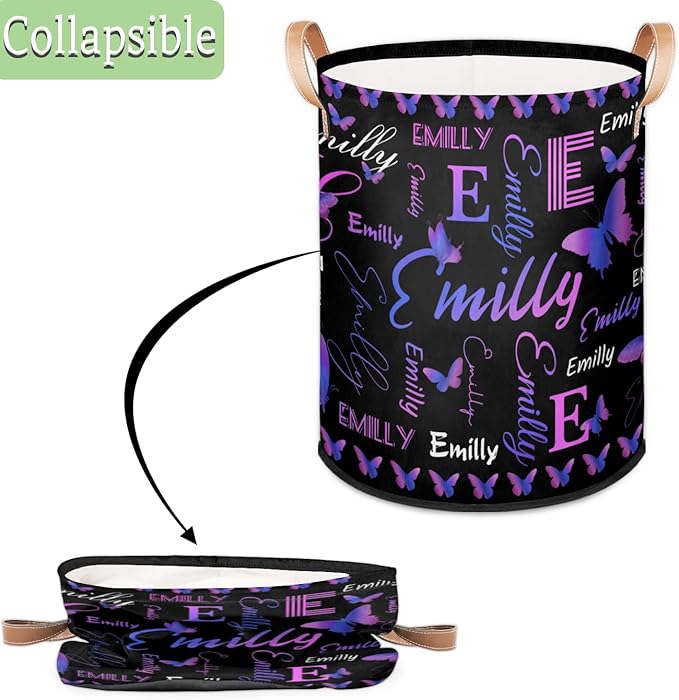 Custom Purple Butterfly Laundry Hamper, Personalized Laundry Baskets with Handles Dirty Clothes Hamper Storage Basket