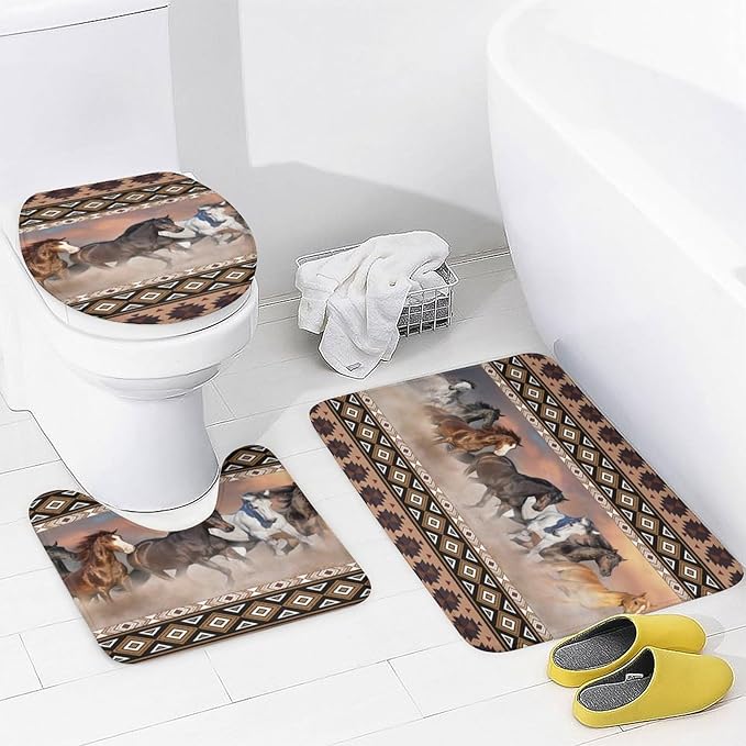 Rustic Aztec Horse 4 Pieces Shower Curtain Set,Boho Abstract Tribal Farmhouse Western Desert Horse Non-Slip Rugs Toilet Lid Cover Bath Mat and Bathroom Curtain