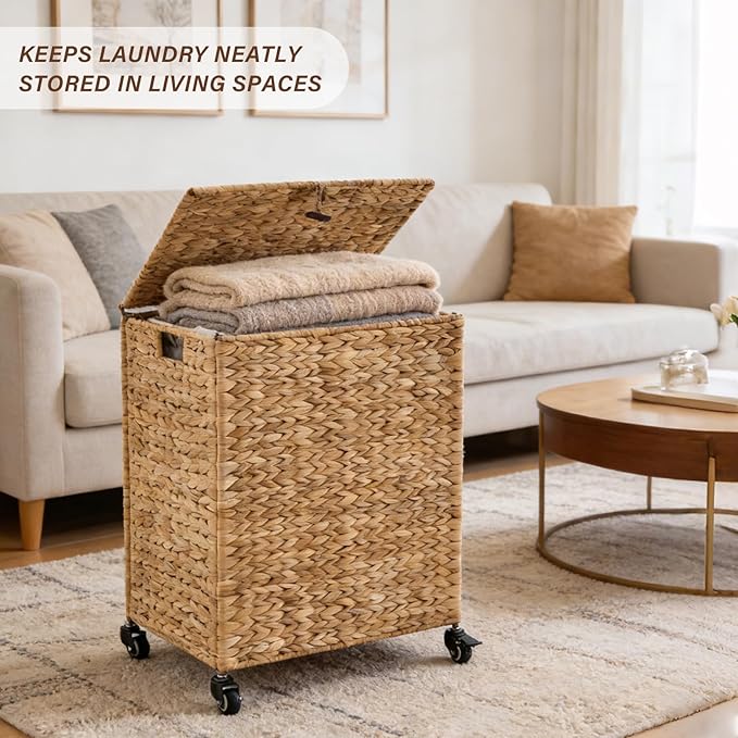 Hand-Woven Laundry Basket with Wheels, Natural Water Hyacinth Laundry Hamper with Lid, Removable & Machine-Washable Liner,Clothes Hamper for Bathroom and Laundry Room(90L,Natural)