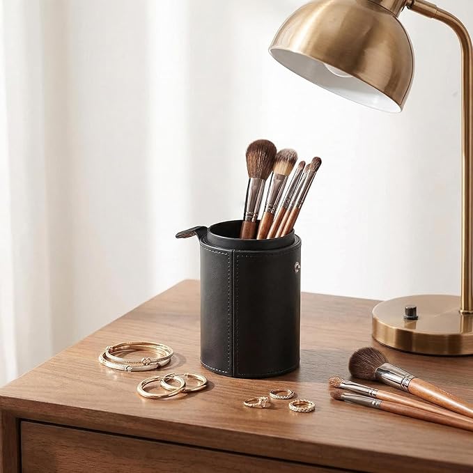 PU Leather Makeup Brush Holder Travel Makeup Brushes Case Makeup Brush Case Organizer Cosmetic Cup Cylinder Makeup Brush Storage Box with Button for Women (Black)