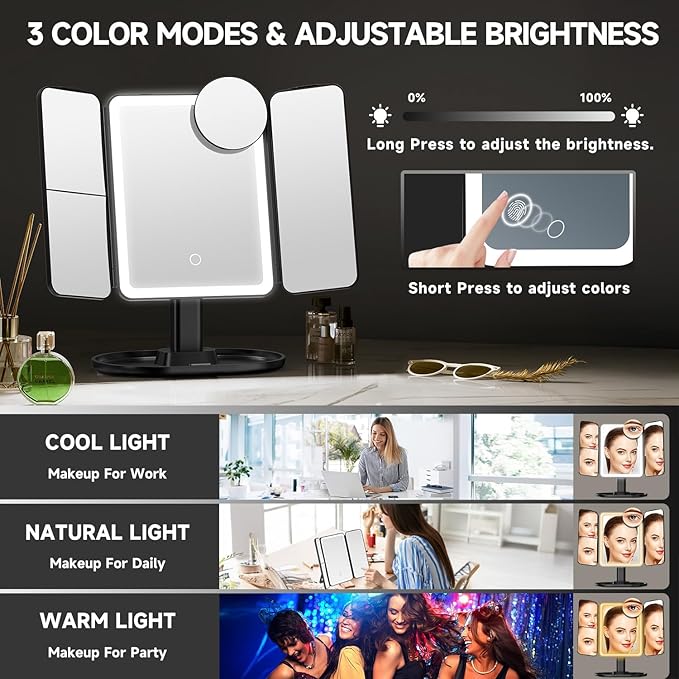 Mocado Makeup Mirror with Lights, 20X/7X/3X Magnifying Mirror with Light,Rechargeable & Height Adjustable Lighted Makeup Mirror,Vanity Mirror with 3 Colors Lights,Detachable Design for Travel(Black)