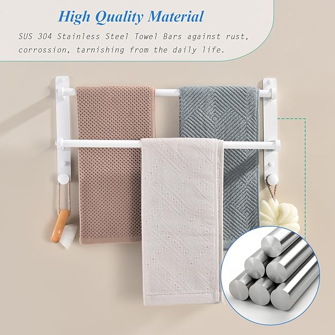 18-Inch Double Towel Rack with Hooks - Space Saving Towel Bar for Bathroom, Stainless Steel Towel Holder, White Finished