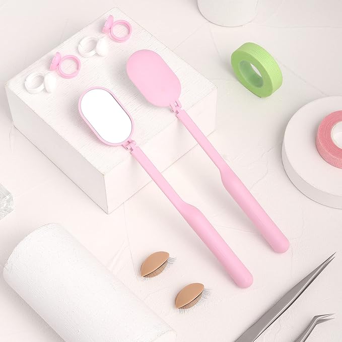 Lash Mirror for Eyelash Extensions, 2inch Foldable Eyelash Mirror for Easy Storage, Light-Weight Adjustable Makeup Mirror for Lash Tech Supplies, Pink