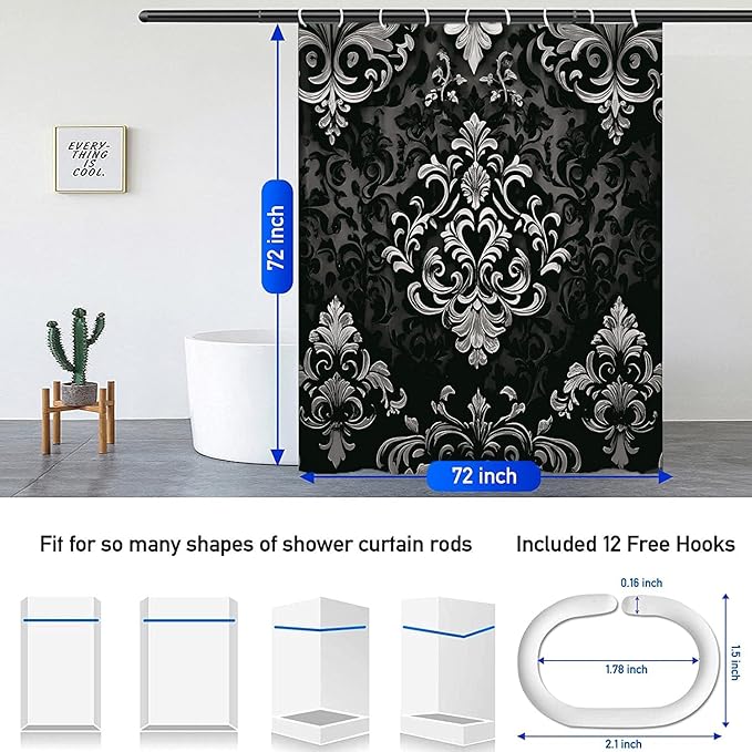 NBVKO 4Pcs Luxury Damascus White Flower Pattern Shower Curtain Set with 12 Hooks Non-Slip Rugs,Toilet Lid Cover and Bath Mat,Dark Gold Bathroom Decor for Hotel & Home Bathroom