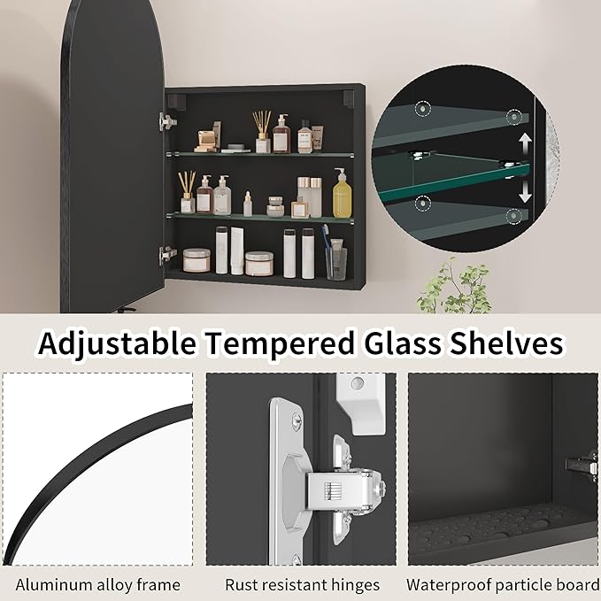 FKWin 20 x 32 Inch Black Arched Bathroom Medicine Cabinet with Mirror, Wall Mounted Surface Mount Bathroom Storage Cabinet,Adjustable Tempered Glass Shelves,Vanity Mirror with Storage