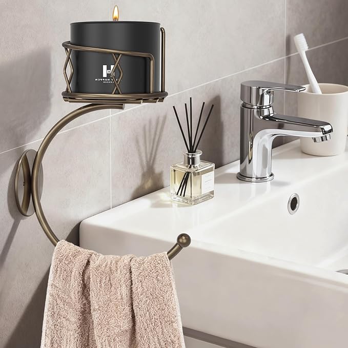 Antique Bronze Hand Towel Holder for Bathroom Wall, Metal Sturdy Wall-Mounted Towel Hook with Rustic Candle Holder, Rustproof Hand Towel Ring/Racks/Hanger for Farmhouse, Kitchen and Bedroom Decor