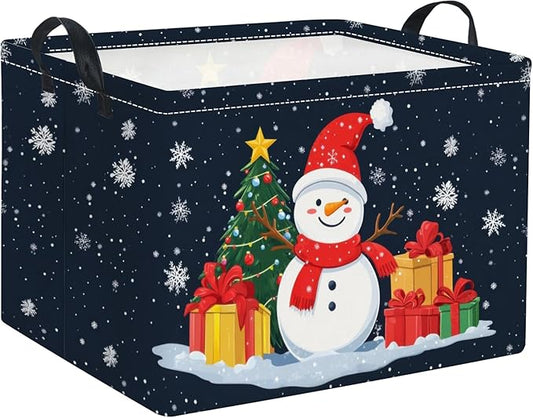 Rectangular Christmas Basket Trick or Treat Spooky Boo Basket with Handles for Women Girls Cute Storage Bin Organizer(Snowman)