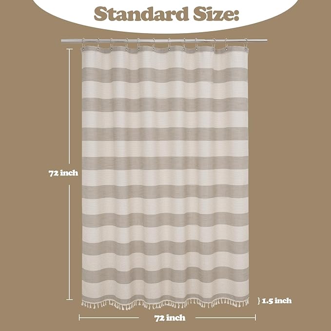 Boho Farmhouse Thick Tan Shower Curtain with Tassels, 350GSM Cotton Linen Soft Fabric Shower Curtain Heavyweight, 72 x 72 Inch Beige Brown Striped Country Bathroom Decor Curtain Water Repellent