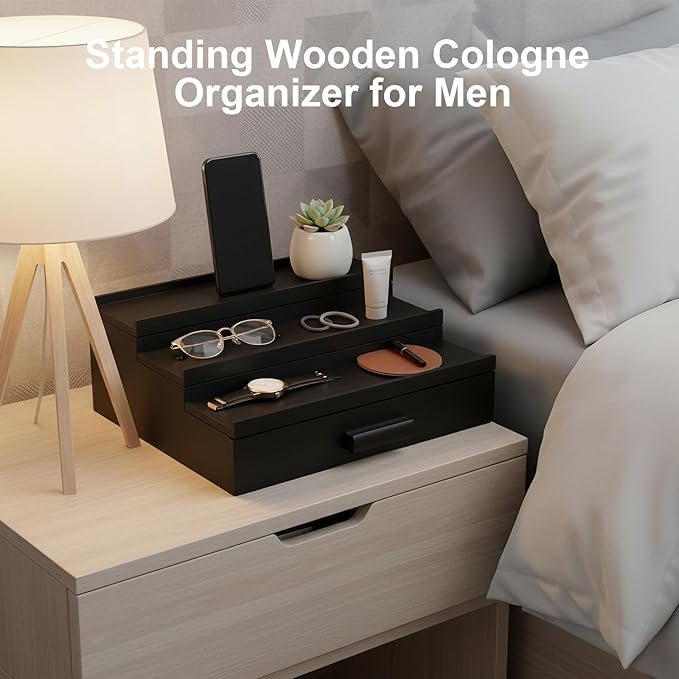 Cologne Organizer for Men,Wood Nightstand Organizer with Drawer and Hidden Compartments, Cologne Stand,Dresser Drawer Organizers,Organizador de Perfumes,Perfume Stand Organizer for Bedroom,Black