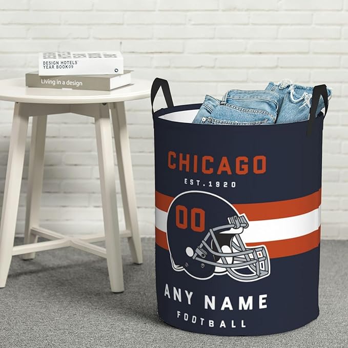 Custom Chicago Laundry Hamper - Personalized Football Style Laundry Basket - Customized Name and Number - Dirty Clothes Hamper Waterproof Large Capacity Hamper for Bedroom Bathroom Living Room