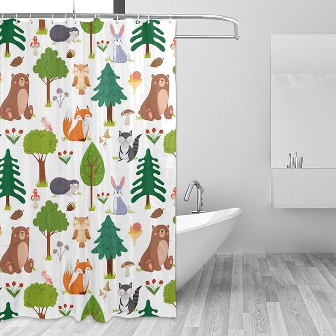 Kids Baby Woodland Shower Curtain Animals Cartoon Girls Children's Cute Cartoon Funny Colorful Weeds Plants Fox Waterproof Fabric Bathroom Decor 72x84 Inches(183x214cm), Style-12