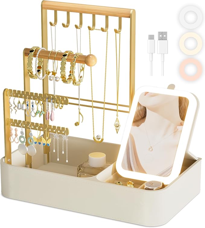 Jewelry Stand With Makeup Mirror, 4 Tiers Jewelry Holder Organizer, Jewelry Display Stand for Bracelet, Necklace, Earrings, Rings, 1000mAh 3-Color Lighting Makeup Mirror, Beige