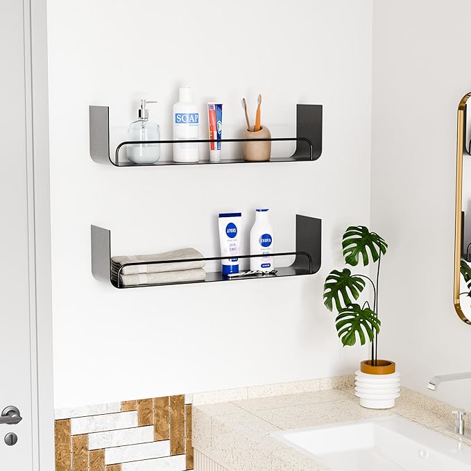 Black Metal Shelf, Modern Floating Bathroom Shelf With Guardrail, Upgrade U-Shaped Wall Mounted Metal Shelves for Kitchen, Living Room, Bedroom, Set 0f 2 Shelves for Home Storage and Organizer